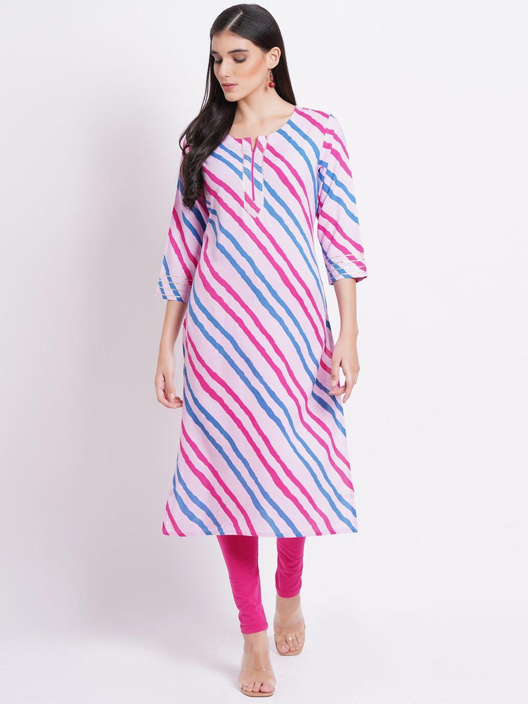 suti-women-pink-striped-flared-sleeves-mirror-work-kurta