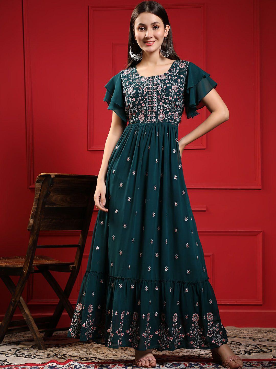 black-scissor-floral-embroidered-flared-sleeves-gathered-georgette-maxi-ethnic-dresses