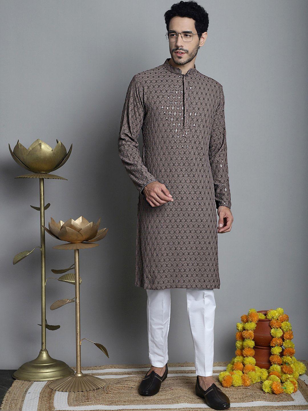 jompers-geometric-embroidered-mandarin-collar-chikankari-&-sequinned-kurta-with-pyjamas