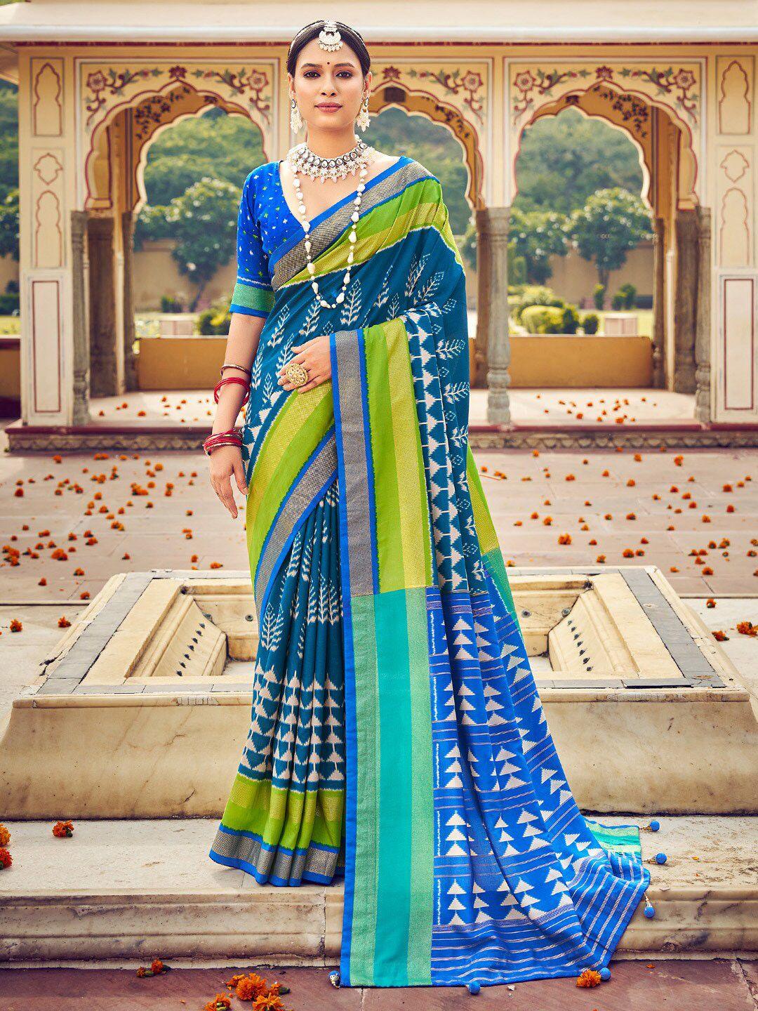saree-mall-teal-&-green-ethnic-motifs-printed-zari-ikat-sarees