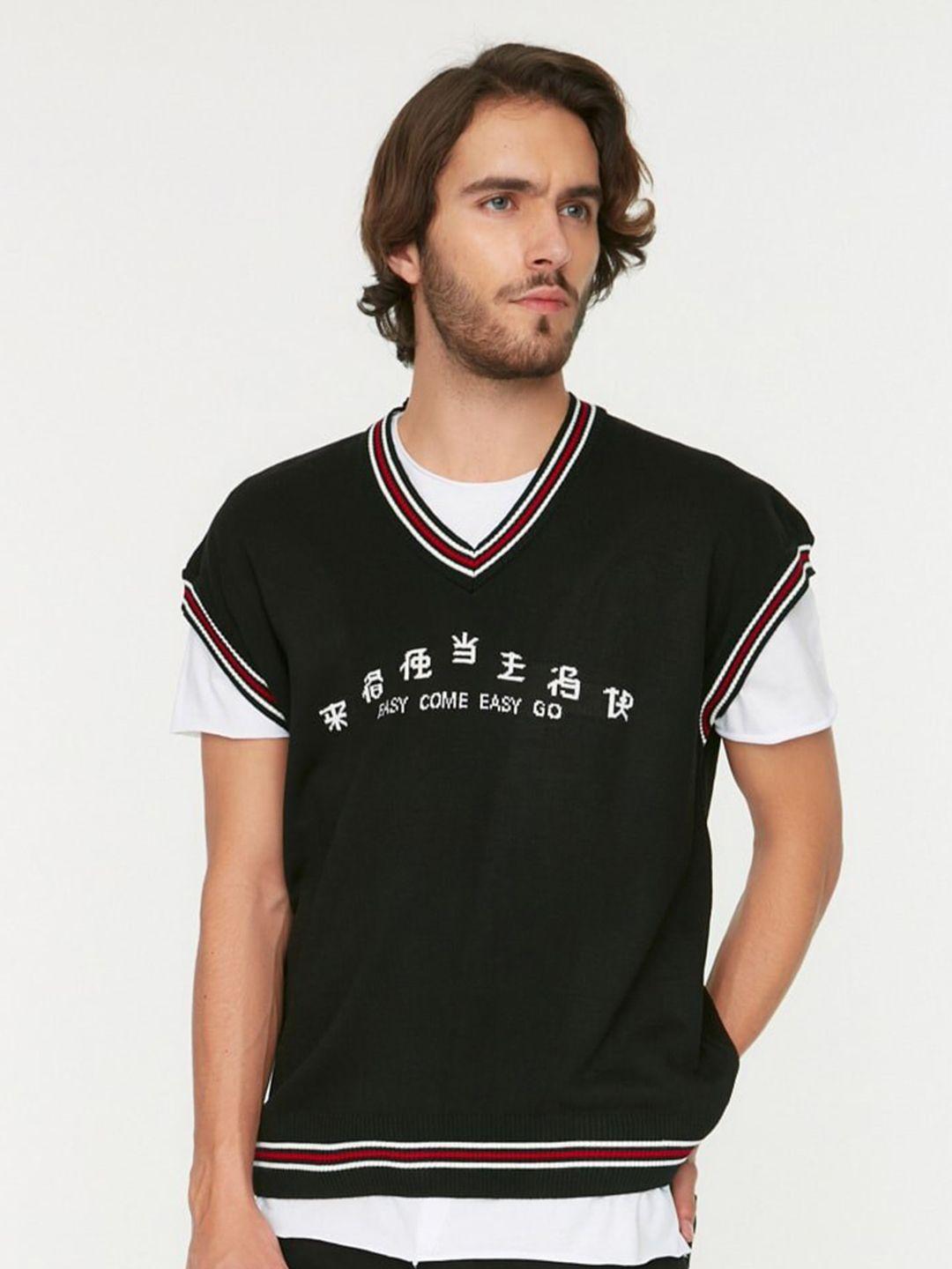 trendyol-men-black-&-red-typography-printed-sweater-vest