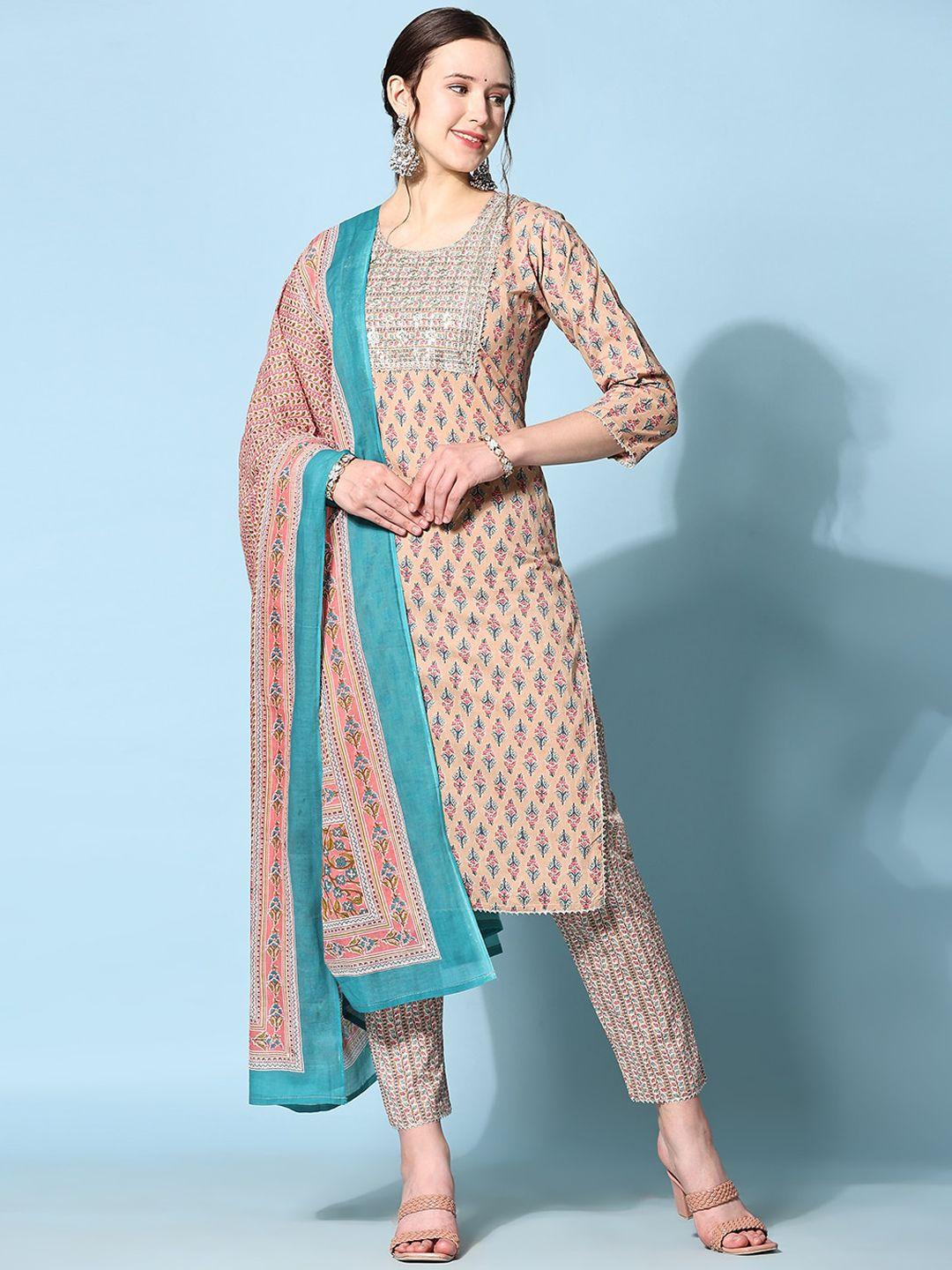 kalini-women-beige-ethnic-motifs-printed-regular-kurta-with-trousers-&-with-dupatta