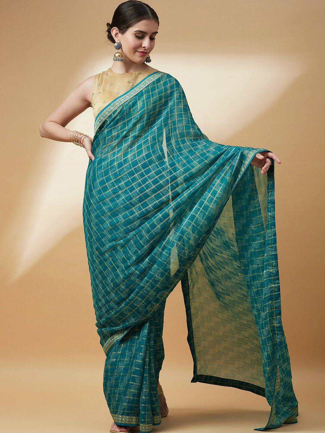 anouk-green-&-gold-toned-geometric-printed-bandhani-saree