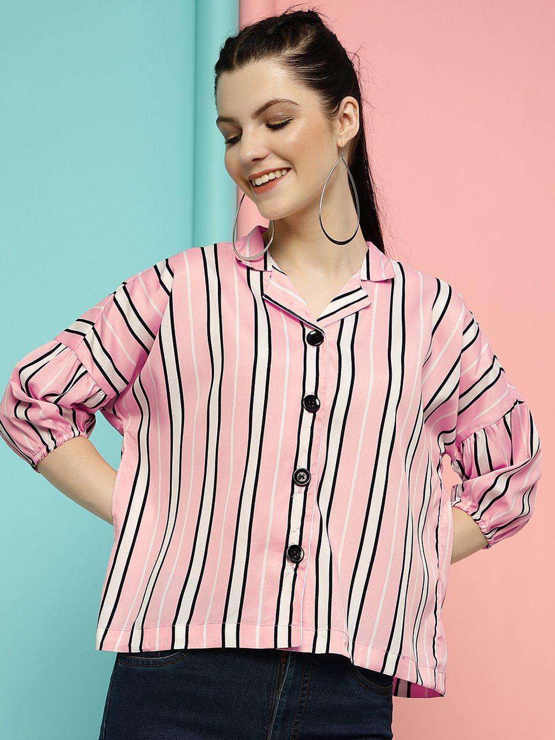 dressberry-peach-vertical-stripes-shirt-collar-puff-sleeves-shirt-style-top
