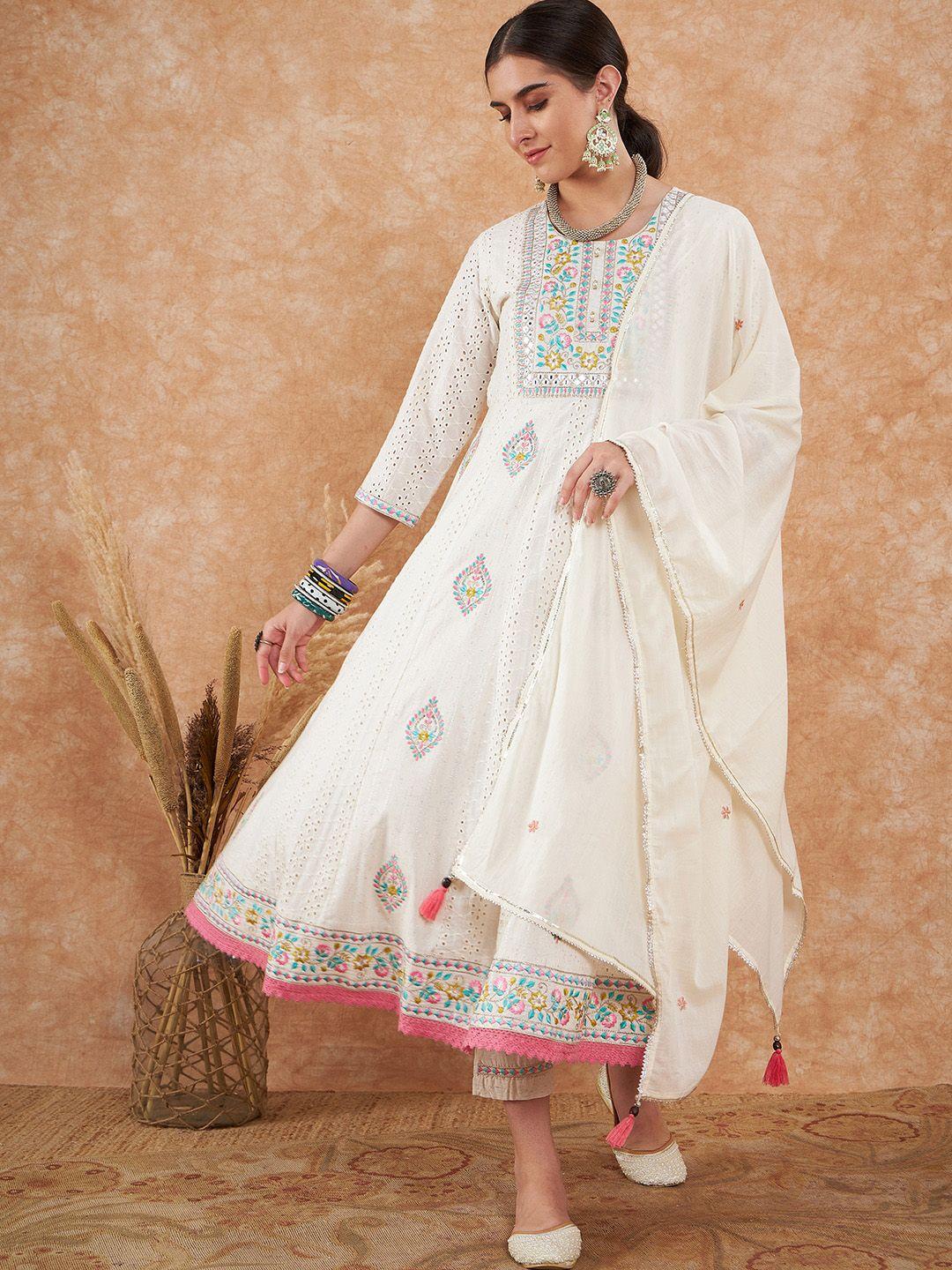 sangria-ethnic-motifs-embroidered-schiffli-a-line-pure-cotton-kurta-with-trouser-&-dupatta