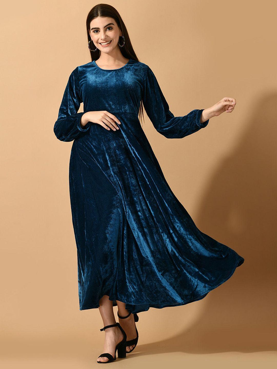 sangria-blue-self-designed-puff-sleeves-fit-&-flared-midi-velvet-dress
