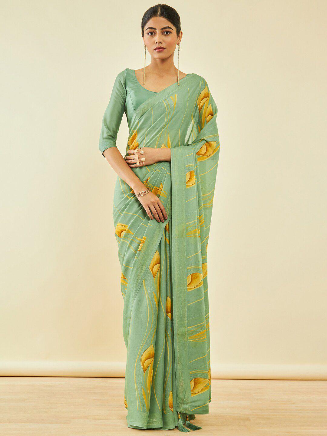 soch-green-&-yellow-floral-poly-georgette-saree