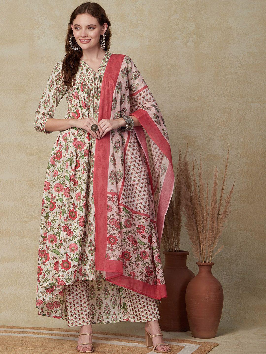 fashor-women-white-floral-embroidered-pleated-thread-work-pure-cotton-kurta-with-trousers-&-with-dupatta