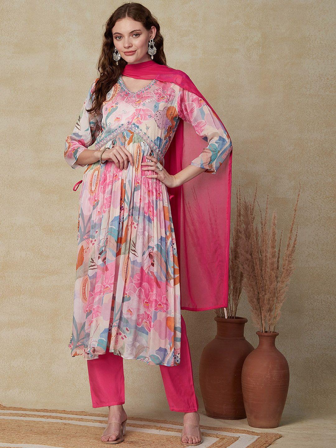 fashor-women-white-floral-printed-empire-beads-and-stones-kurta-with-trousers-&-with-dupatta