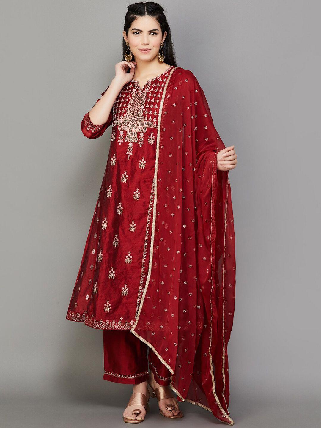 melange-by-lifestyle-ethnic-motifs-embroidered-zari-kurta-with-trousers-&-with-dupatta