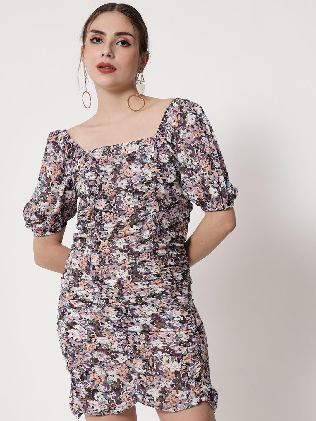 trend-arrest-floral-printed-square-neck-puff-sleeve-ruched-sheath-dress
