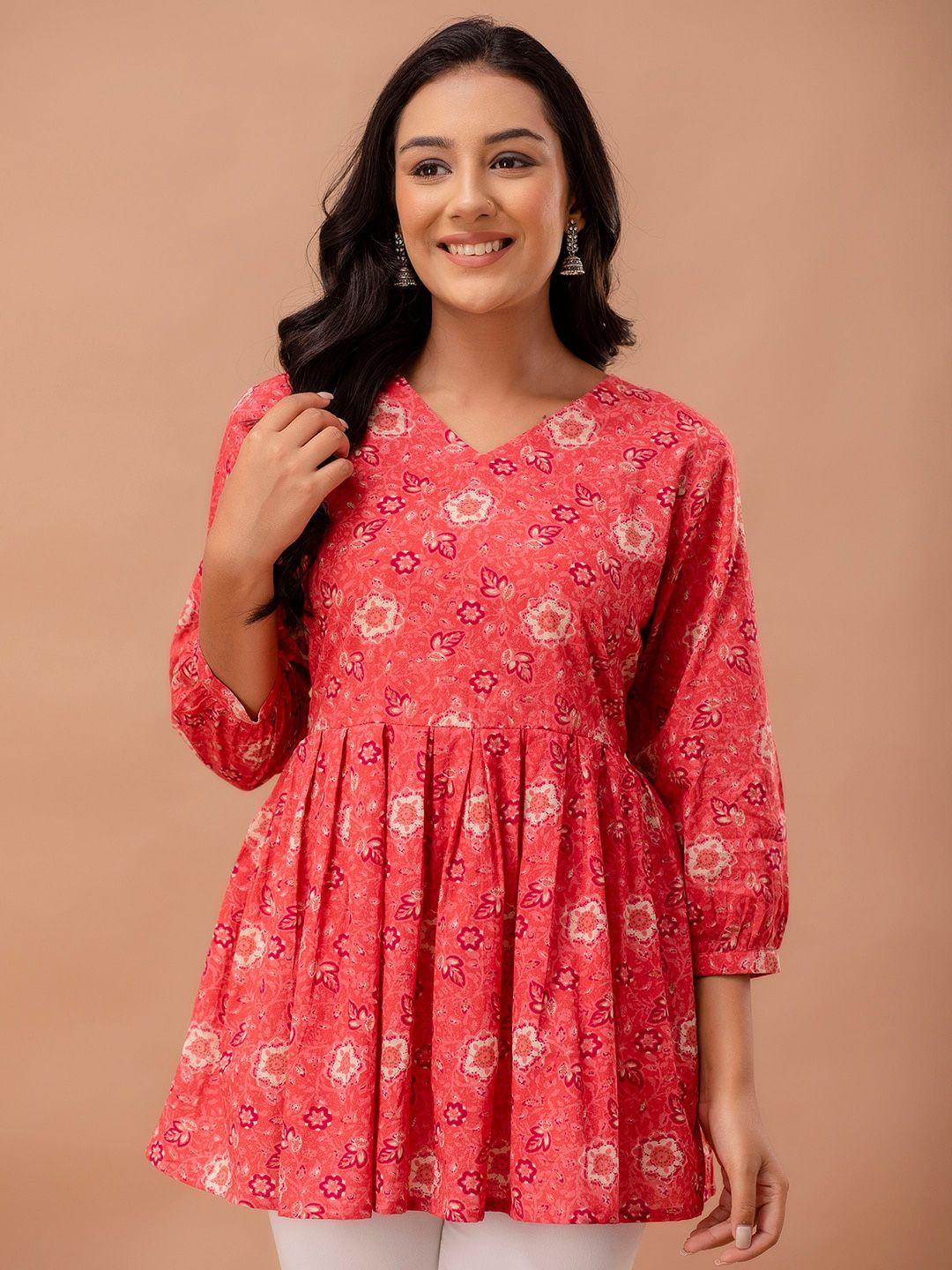 feranoid-floral-printed-v-neck-pure-cotton-pleated-a-line-kurti