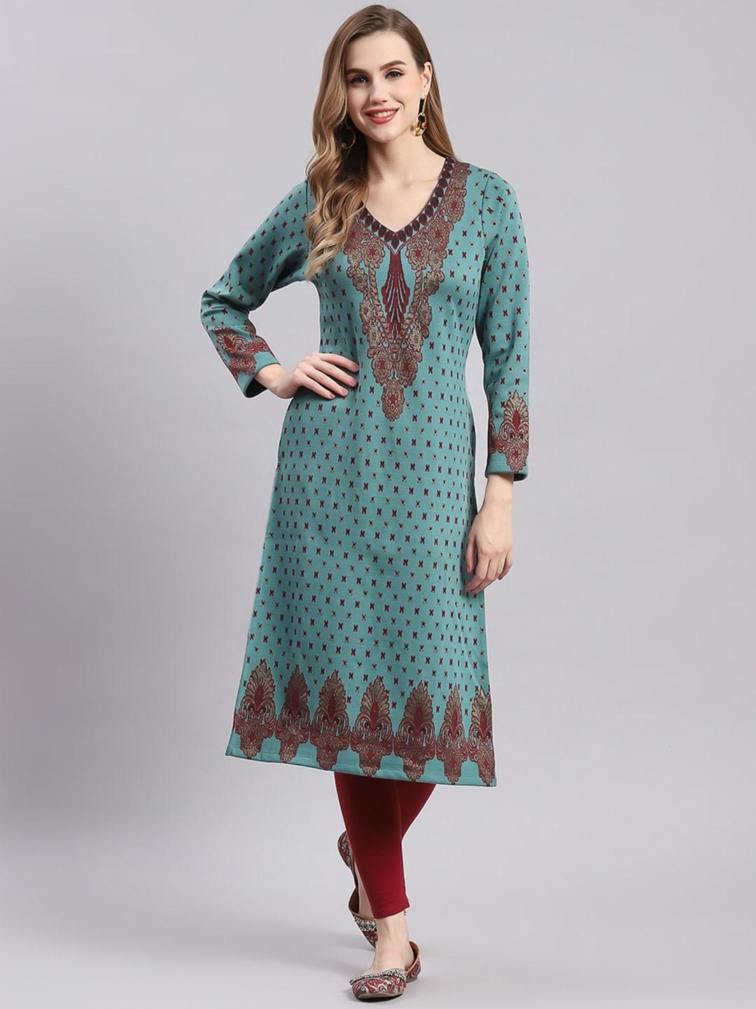 monte-carlo-women-teal-ethnic-motifs-printed-sequinned-woollen-kurta