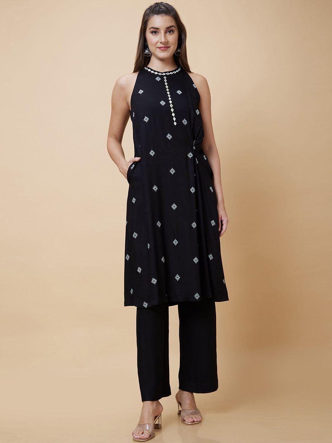 globus-black-ethnic-motifs-embroidered-mirror-work-a-line-kurta-with-trousers