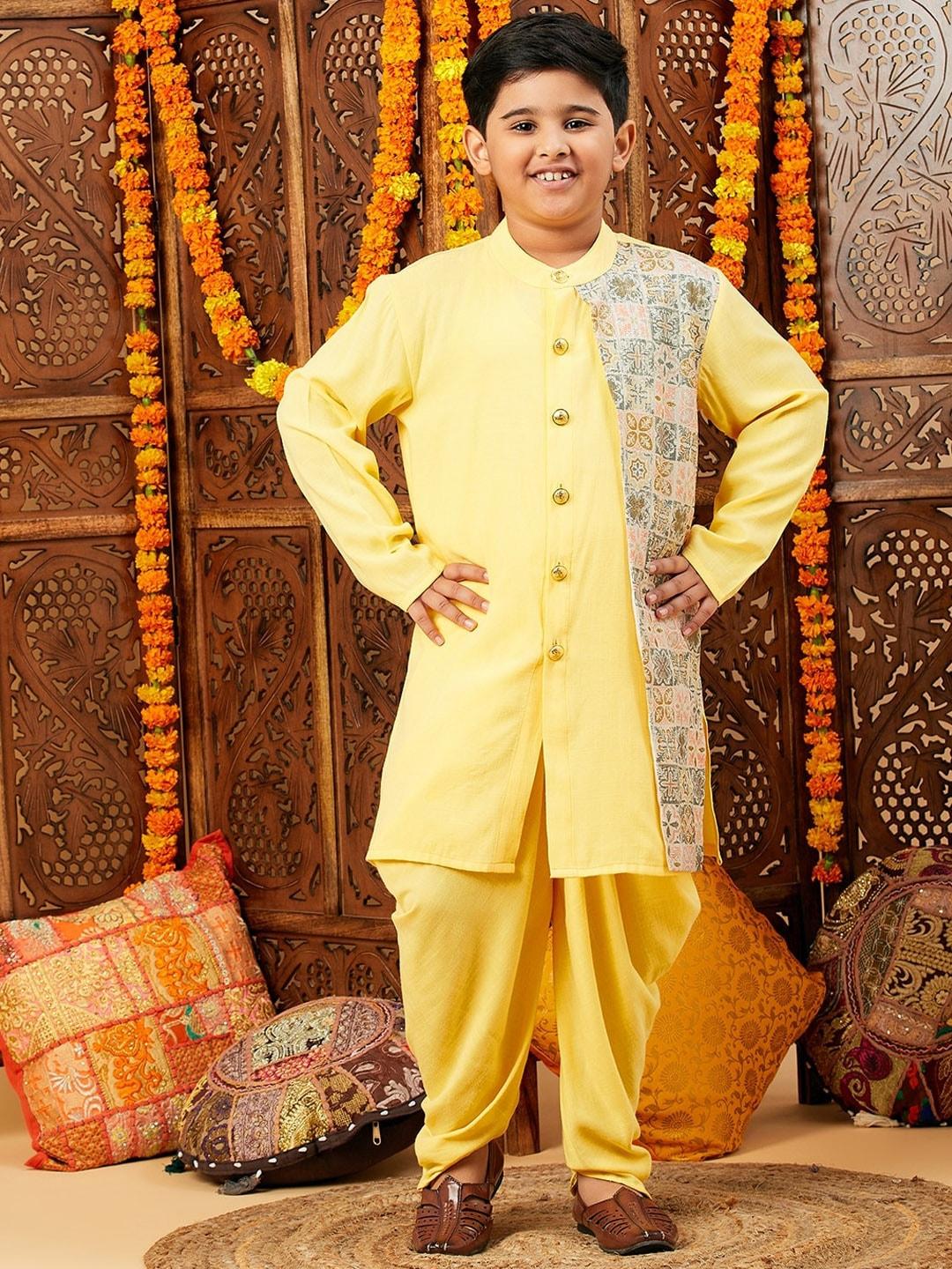 stylo-bug-boys-yellow-floral-printed-regular-kurta-with-dhoti-pants