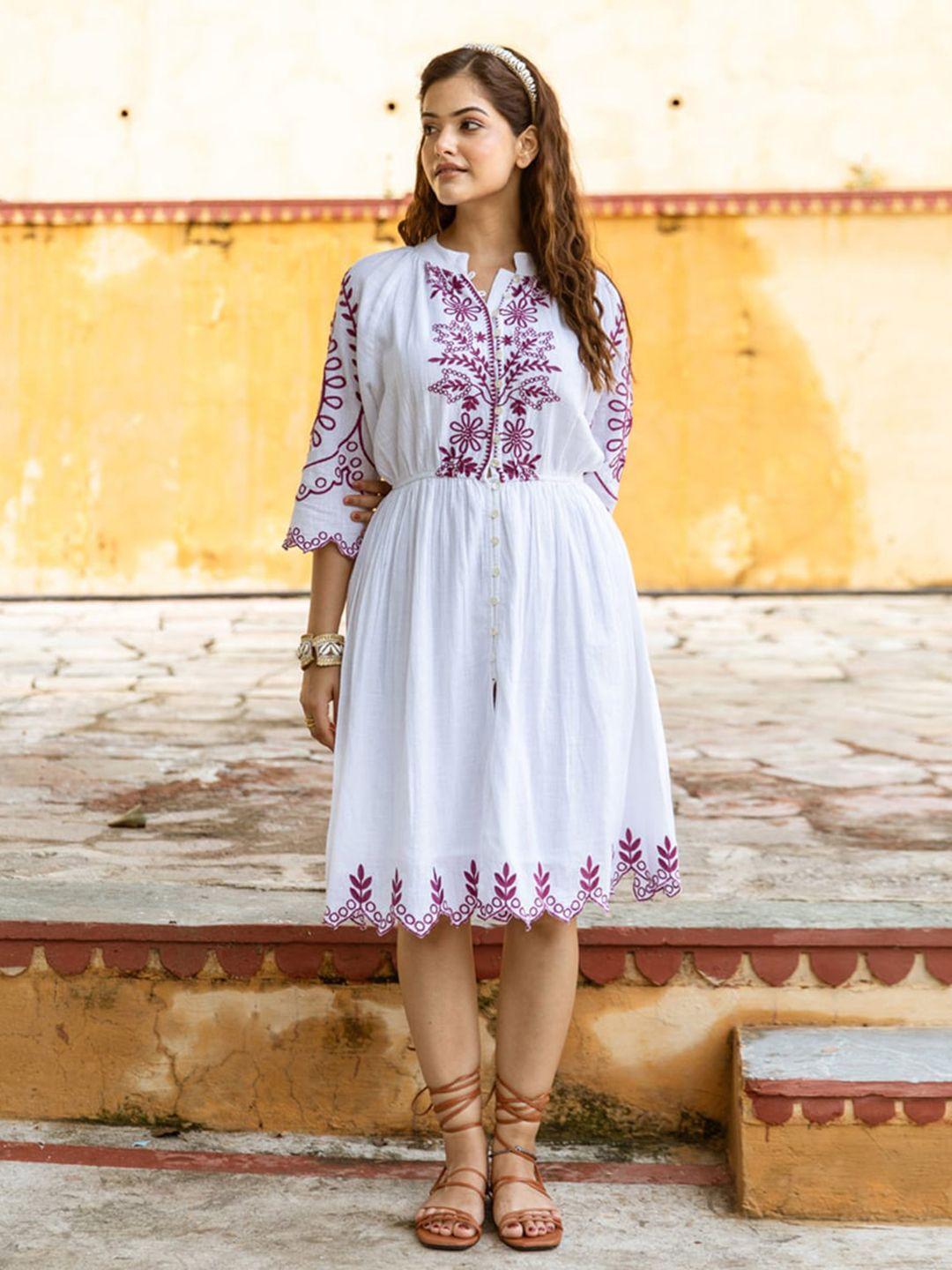 aadews-floral-embroidered-mandarin-collar-fit-&-flare-cotton-dress