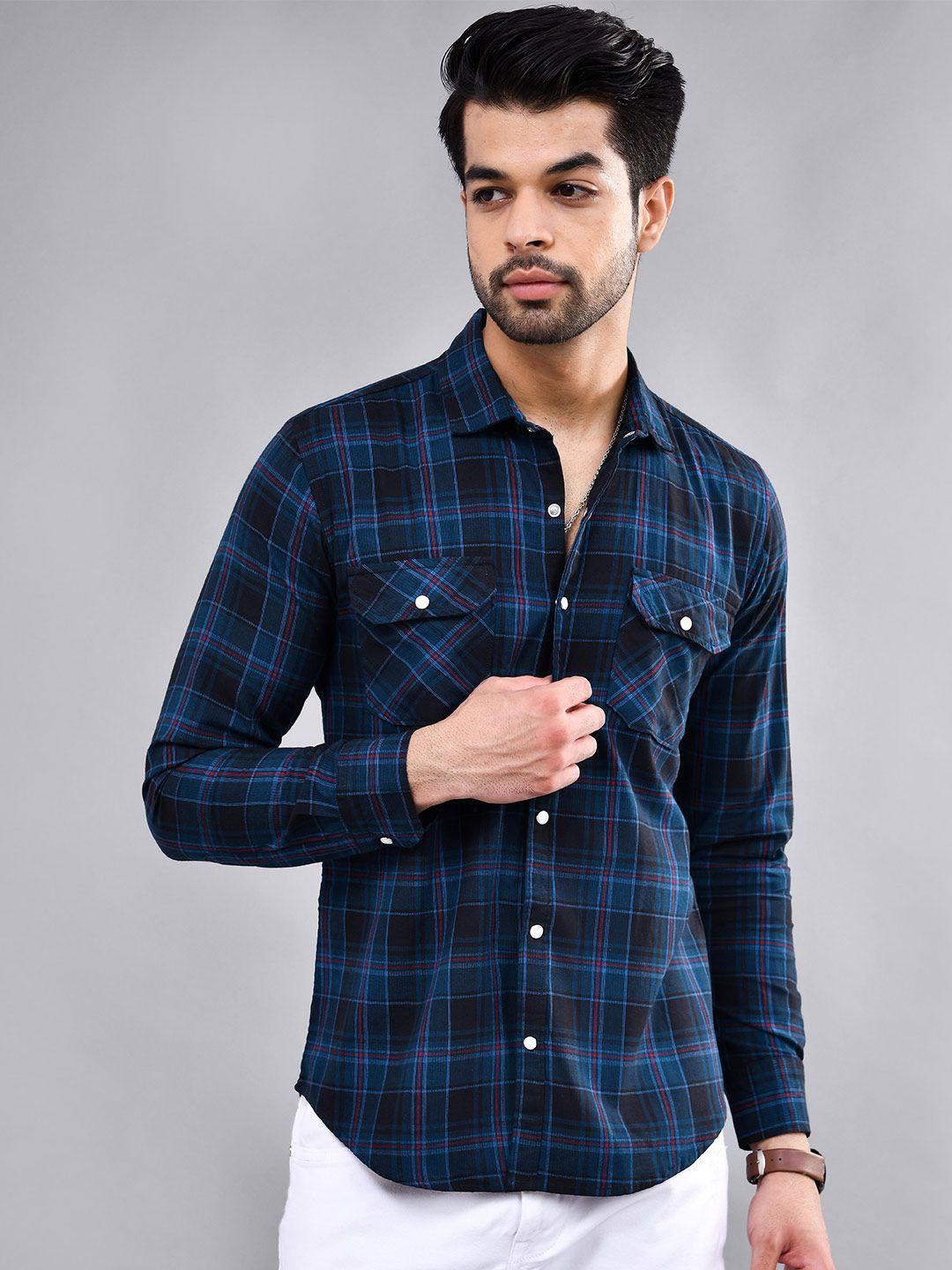 dezano-men-blue-modern-opaque-checked-casual-shirt