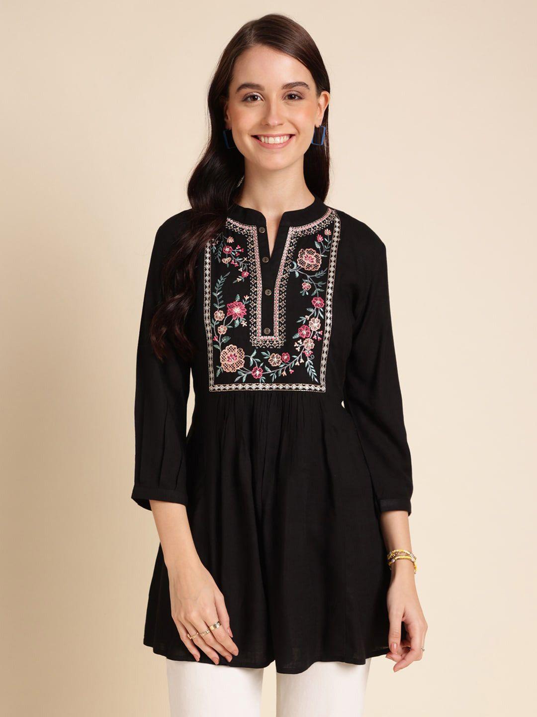 sangria-black-floral-embroidered-a-line-top