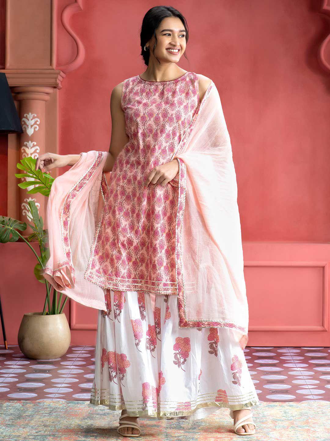 jaipur-kurti-floral-printed-regular-pure-cotton-straight-kurta-&-sharara-with-dupatta
