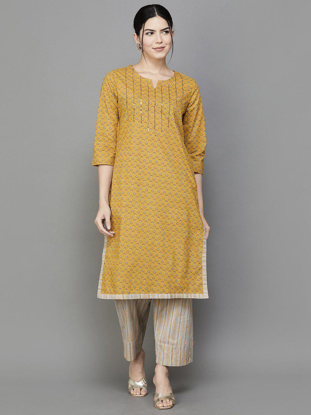 melange-by-lifestyle-ethnic-motifs-printed-pure-cotton-regular-kurta-with-trousers