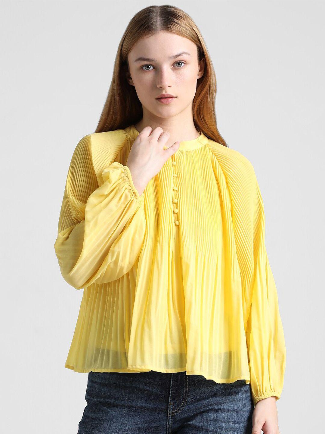 only-self-design-accordion-pleated-puff-sleeves-mandarin-collar-top