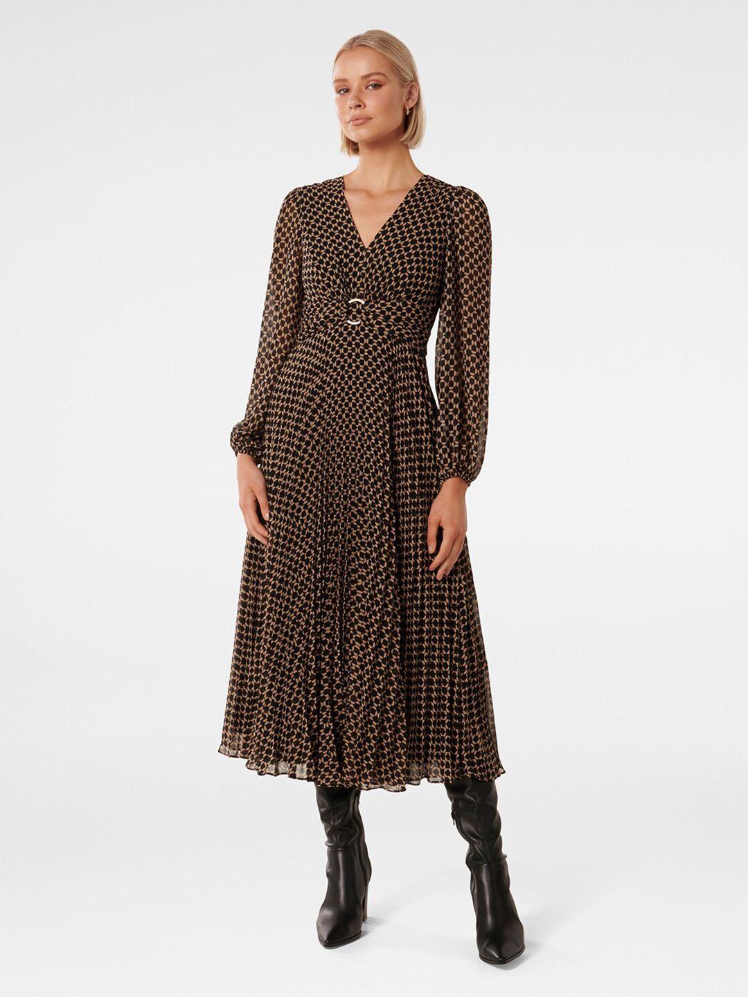 forever-new-geometric-printed-v-neck-puff-sleeve-fit-&-flare-dress