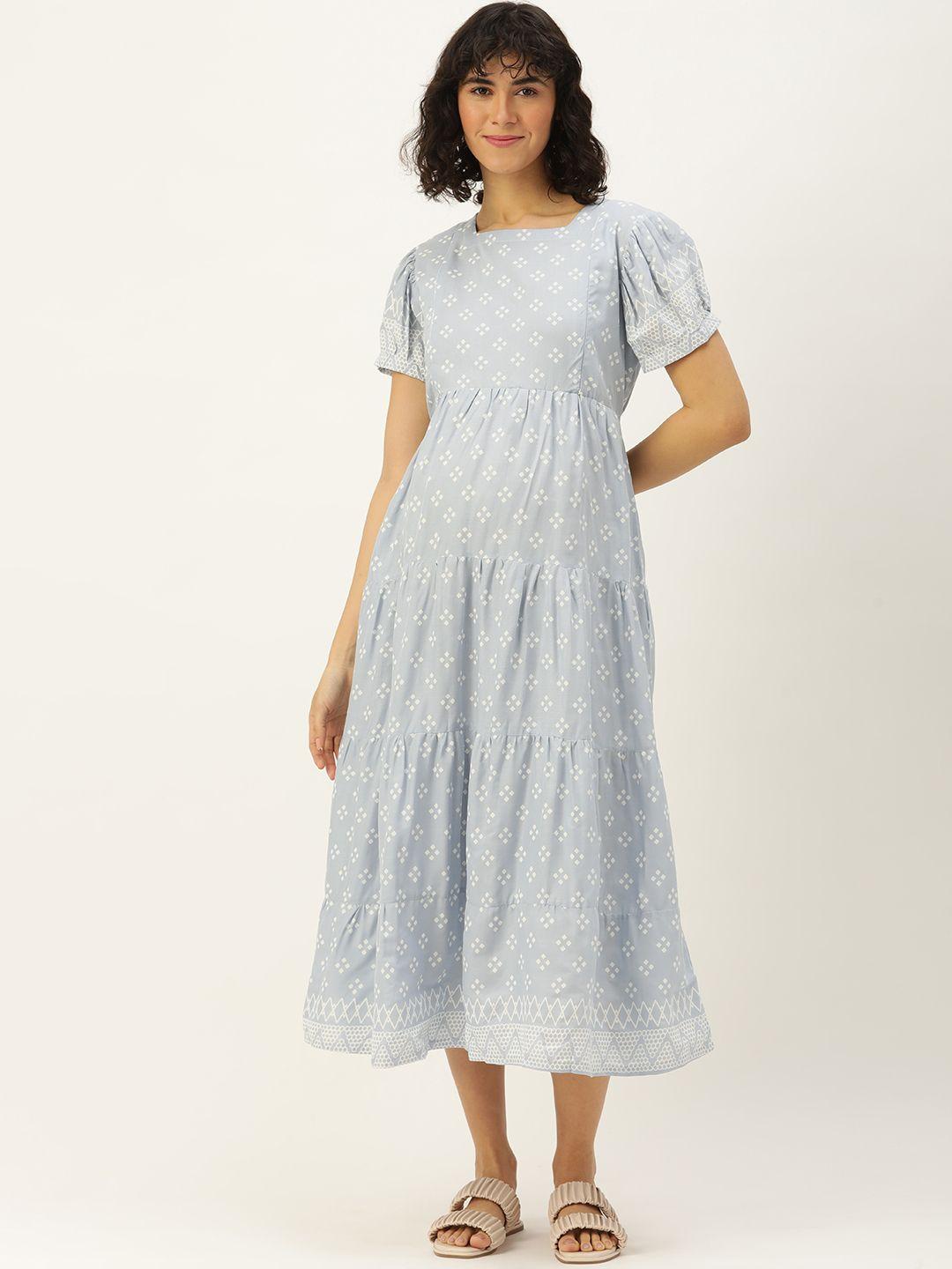 nejo-geometric-print-puff-sleeves-pure-cotton-maternity-a-line-midi-dress