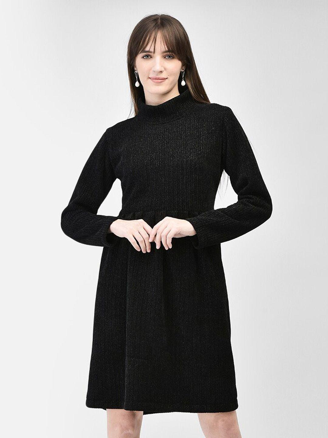 crimsoune-club-high-neck-long-sleeves-gathered-fit-&-flare-dress