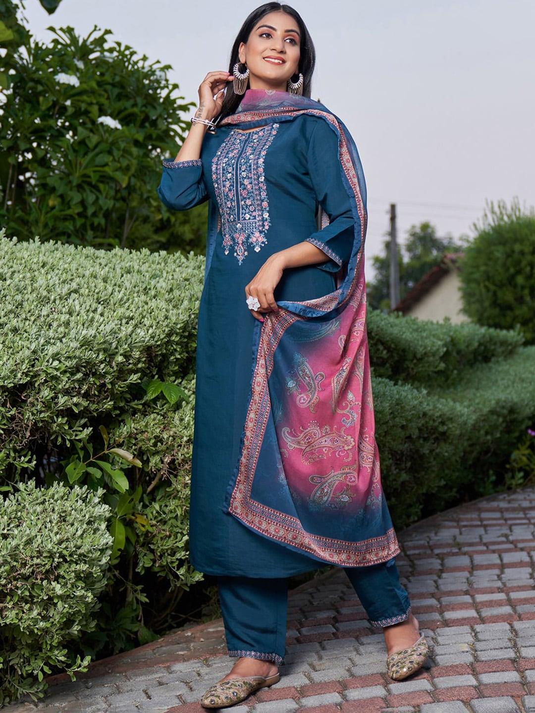 indo-era-teal-floral-embroidered-yoke-sequined-straight-kurta-&-trousers-with-dupatta
