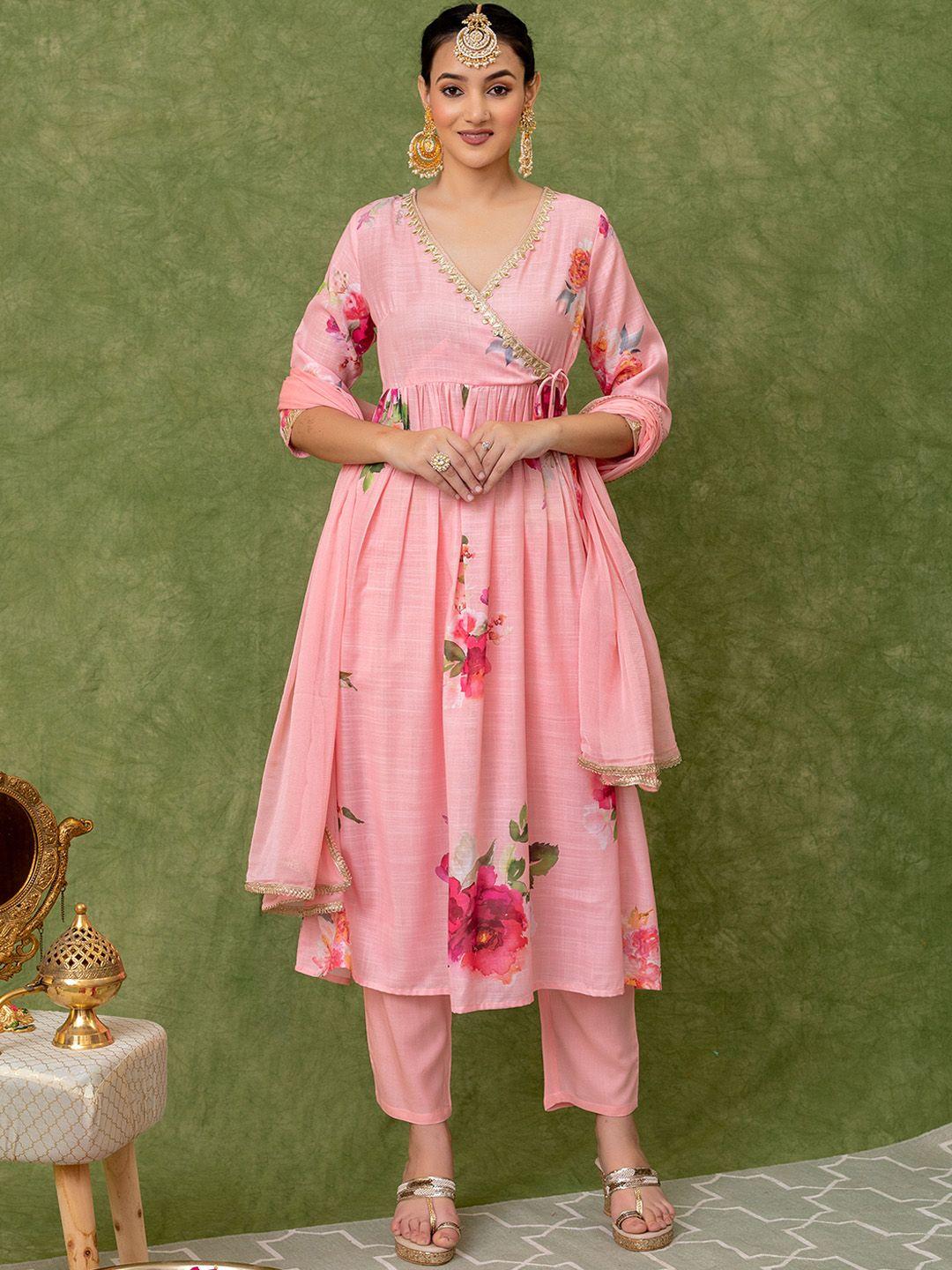 kasya-women-peach-coloured-floral-printed-angrakha-gotta-patti-kurta-with-palazzos-&-with-dupatta
