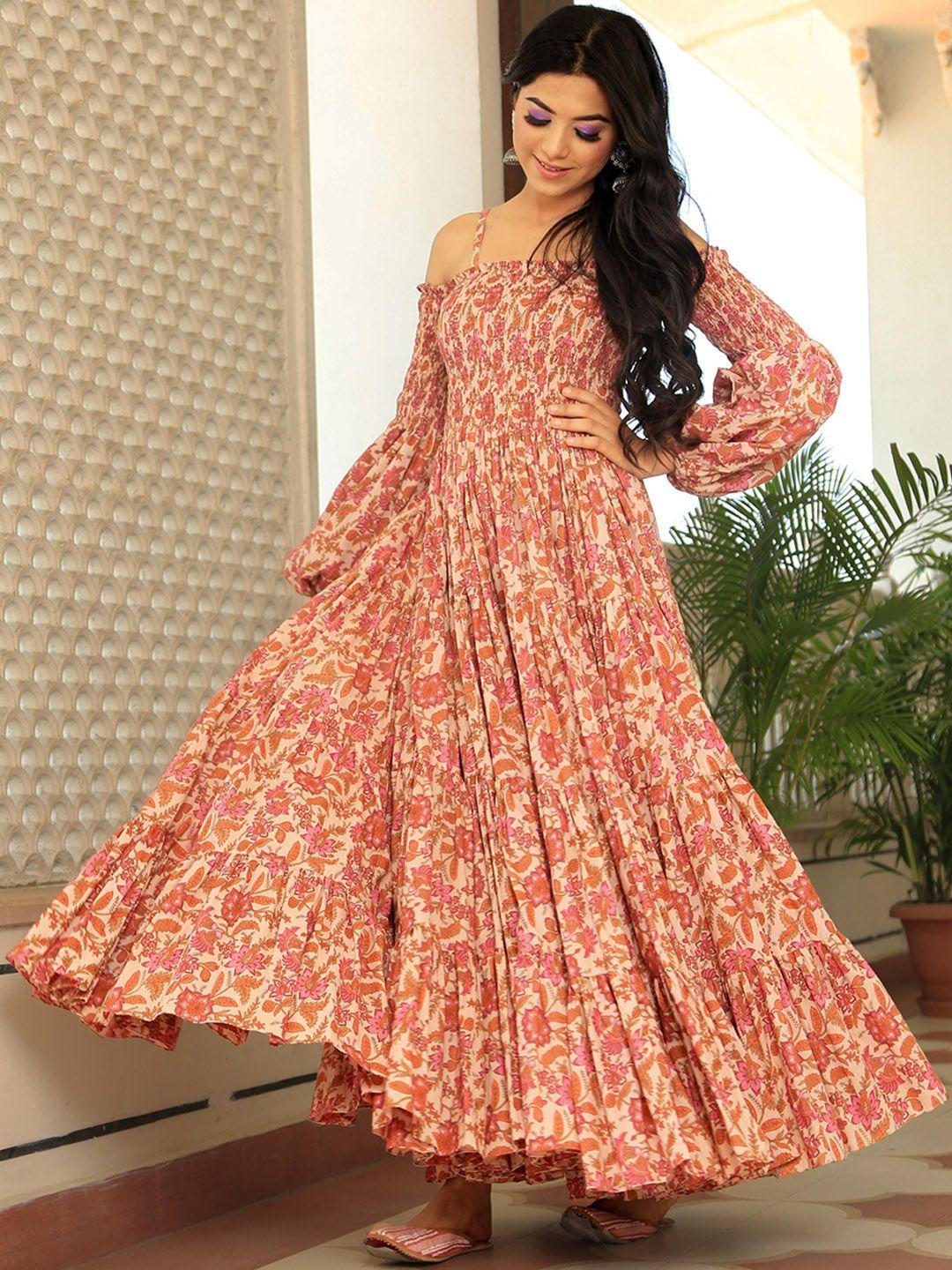 indian-virasat-floral-printed-shoulder-straps-smocked-cotton-fit-&-flare-maxi-ethnic-dress