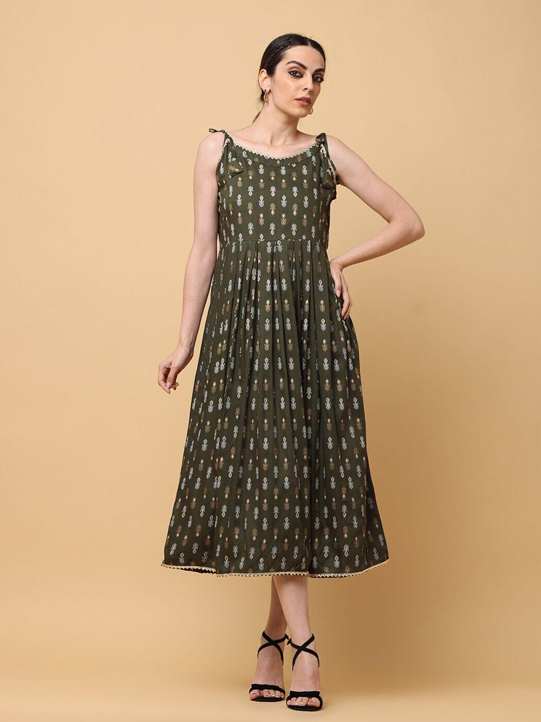 aayusika-olive-green-ethnic-motifs-print-fit-&-flare-midi-dress