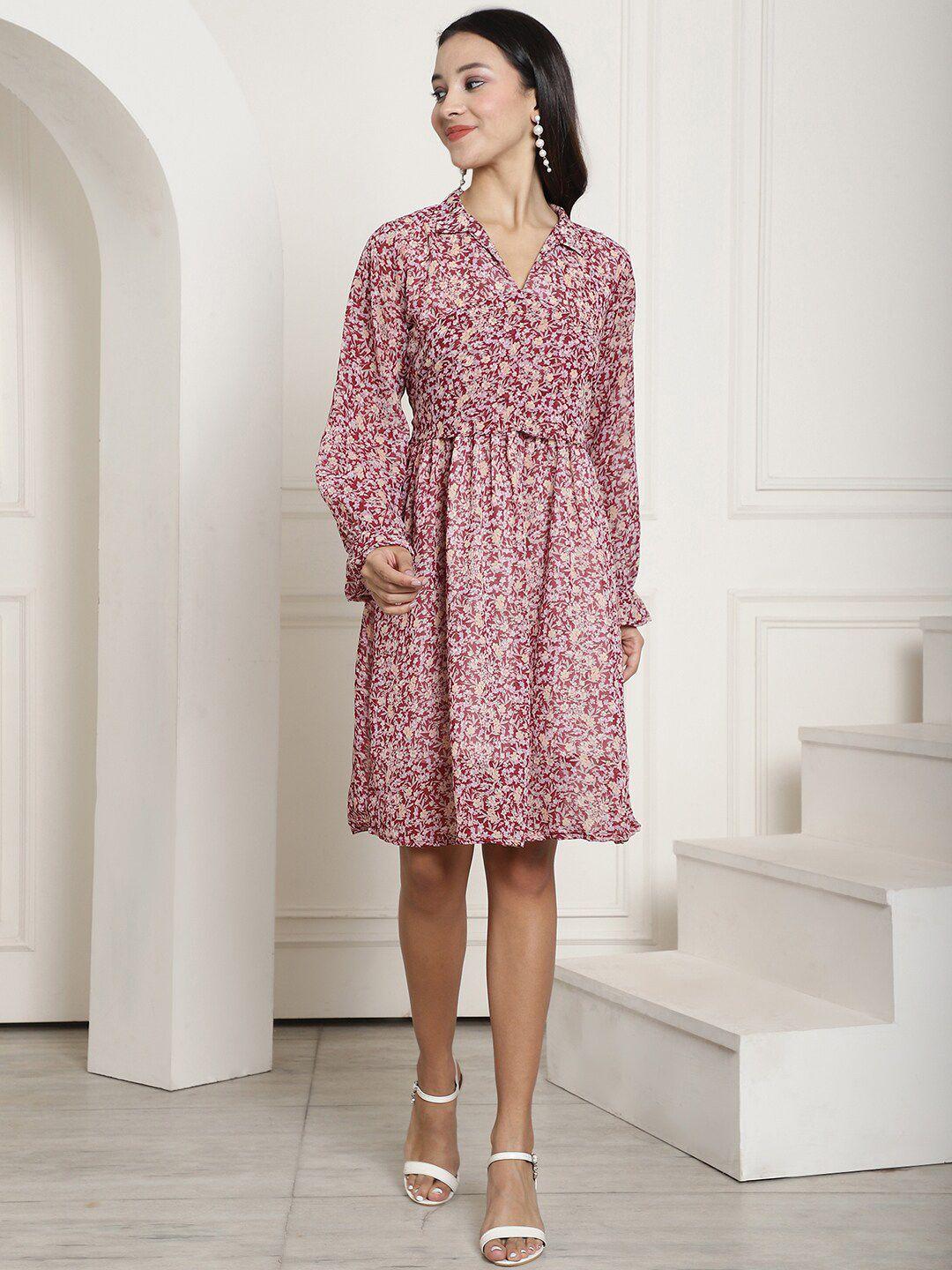 aawari-floral-printed-puff-sleeves-gathered-detailed-chiffon-fit-&-flare-dress
