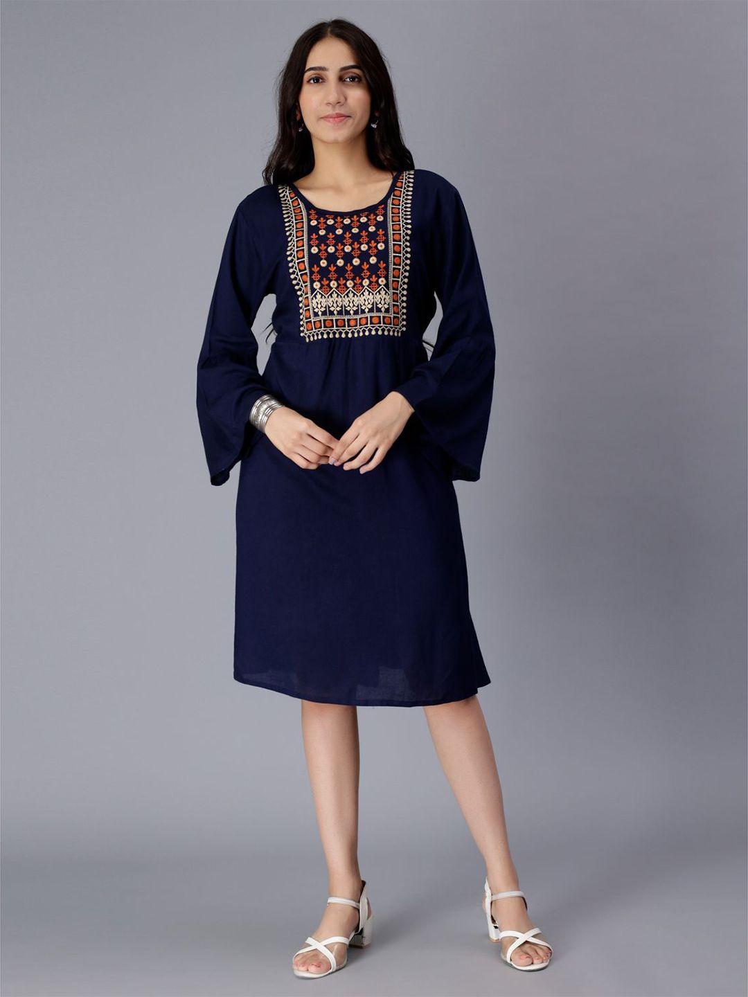 saakaa-ethnic-motifs-embroidered-bell-sleeves-sheath-dress