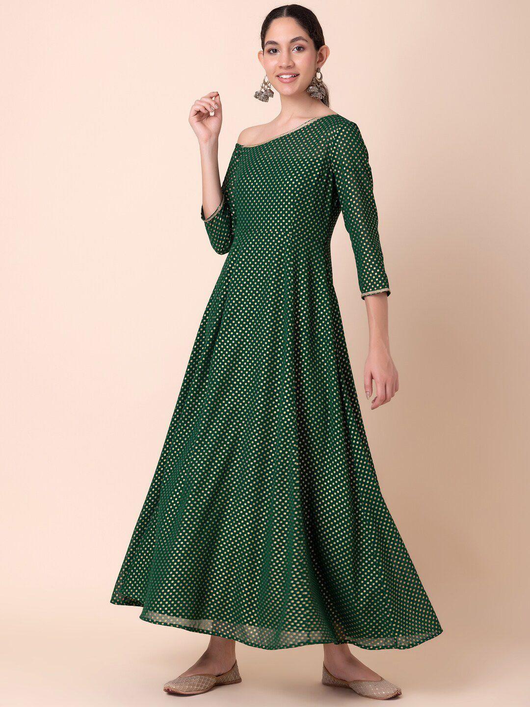 indya-polka-dots-foil-printed-one-shoulder-ethnic-dresses