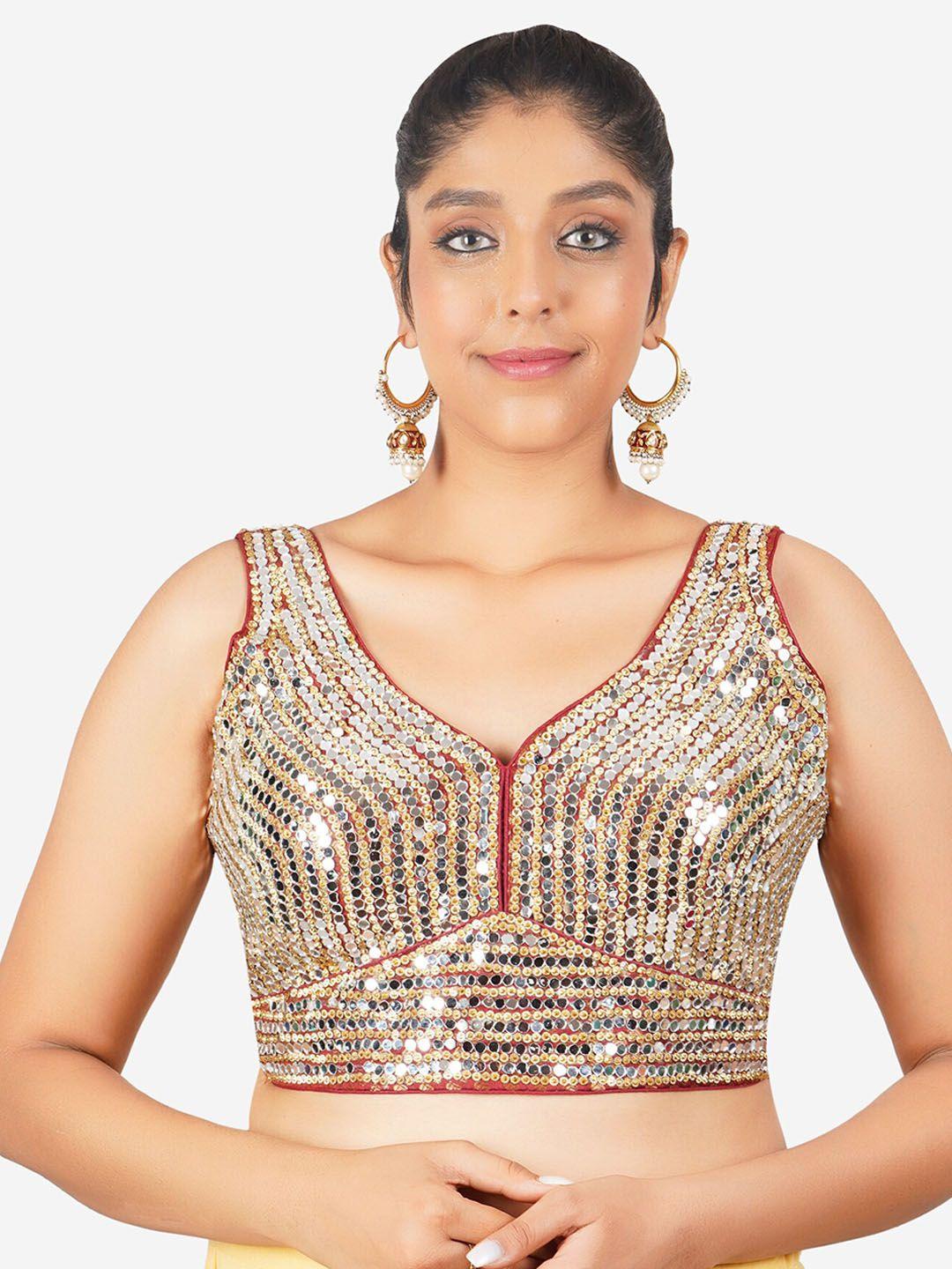 trendzmy-embellished-mirror-work-sleeveless-cotton-saree-blouse