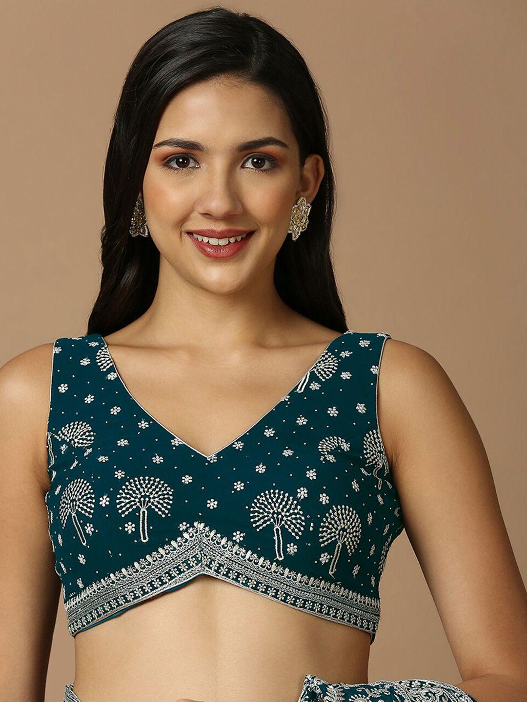 salwar-studio-floral-embroidered-v-neck-velvet-thread-work-saree-blouse