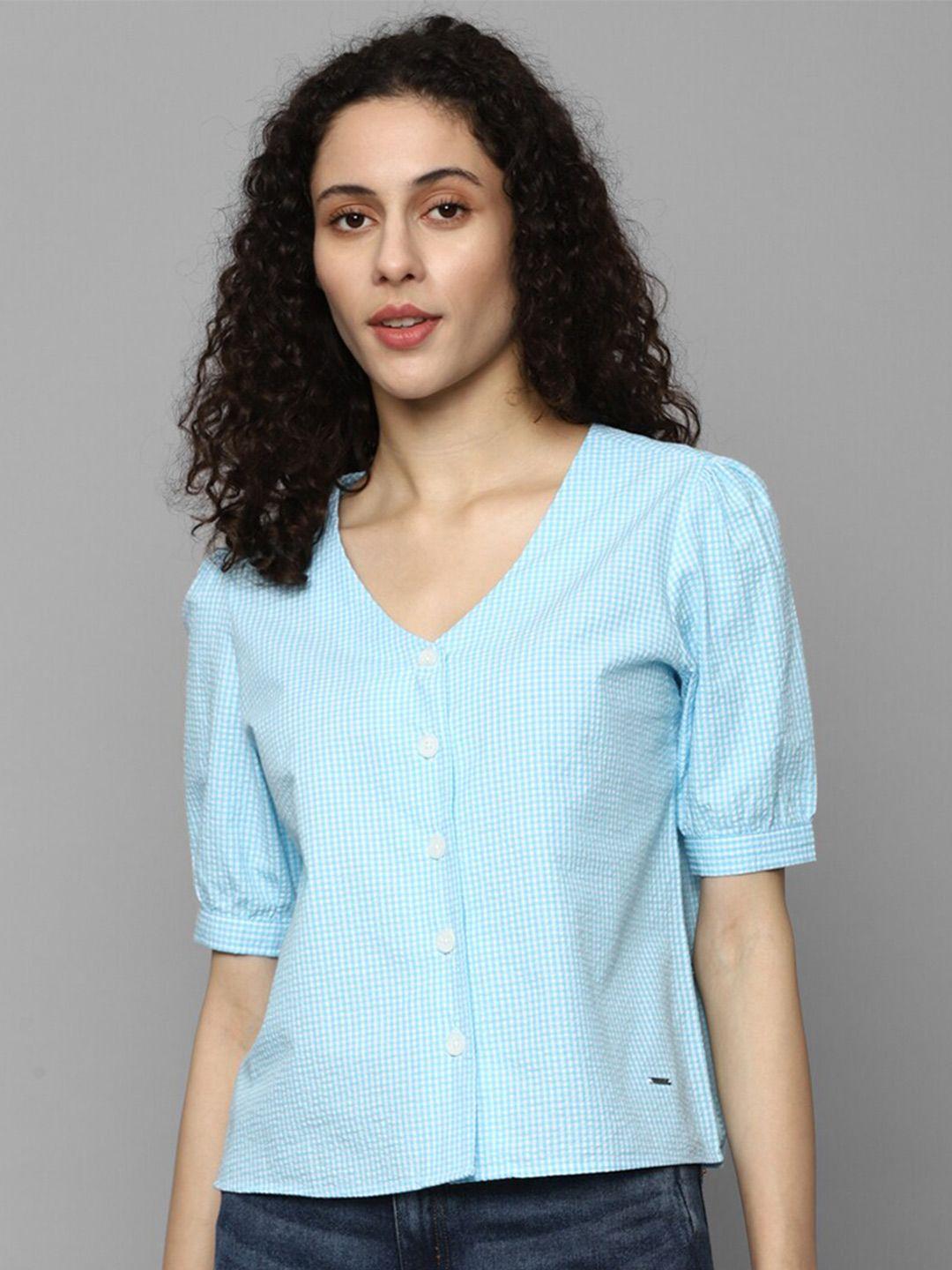 allen-solly-woman-checked-v-neck-puff-sleeve-cotton-shirt-style-top