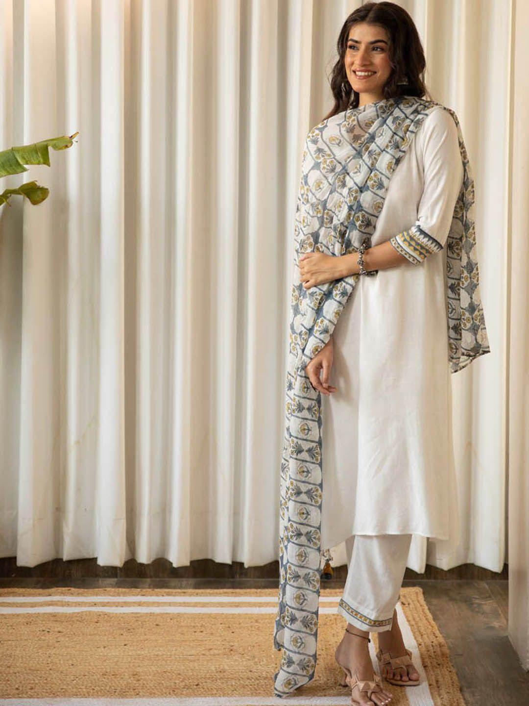 kapraaha-round-neck-pure-cotton-a-line-kurta-&-trousers-with-dupatta