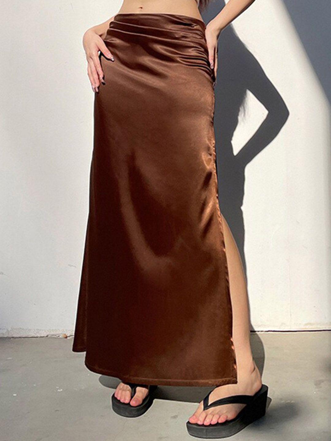stylecast-brown-straight-maxi-side-slitted-satin-skirts