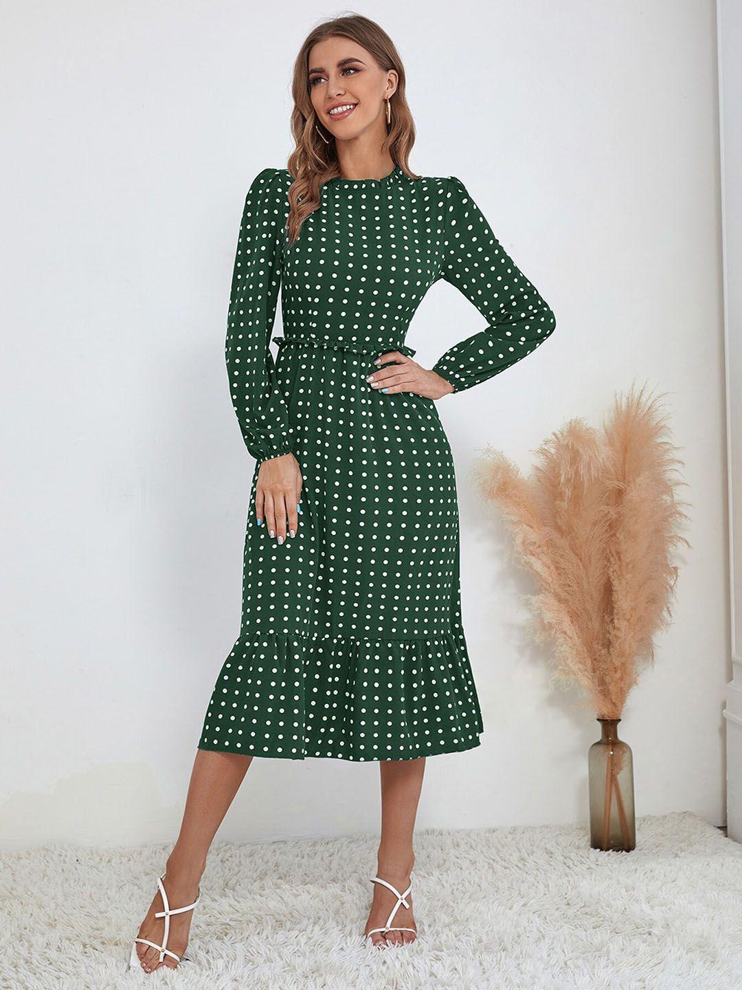 stylecast-green-polka-dot-printed-puff-sleeve-ruffled-fit-&-flare-midi-dress