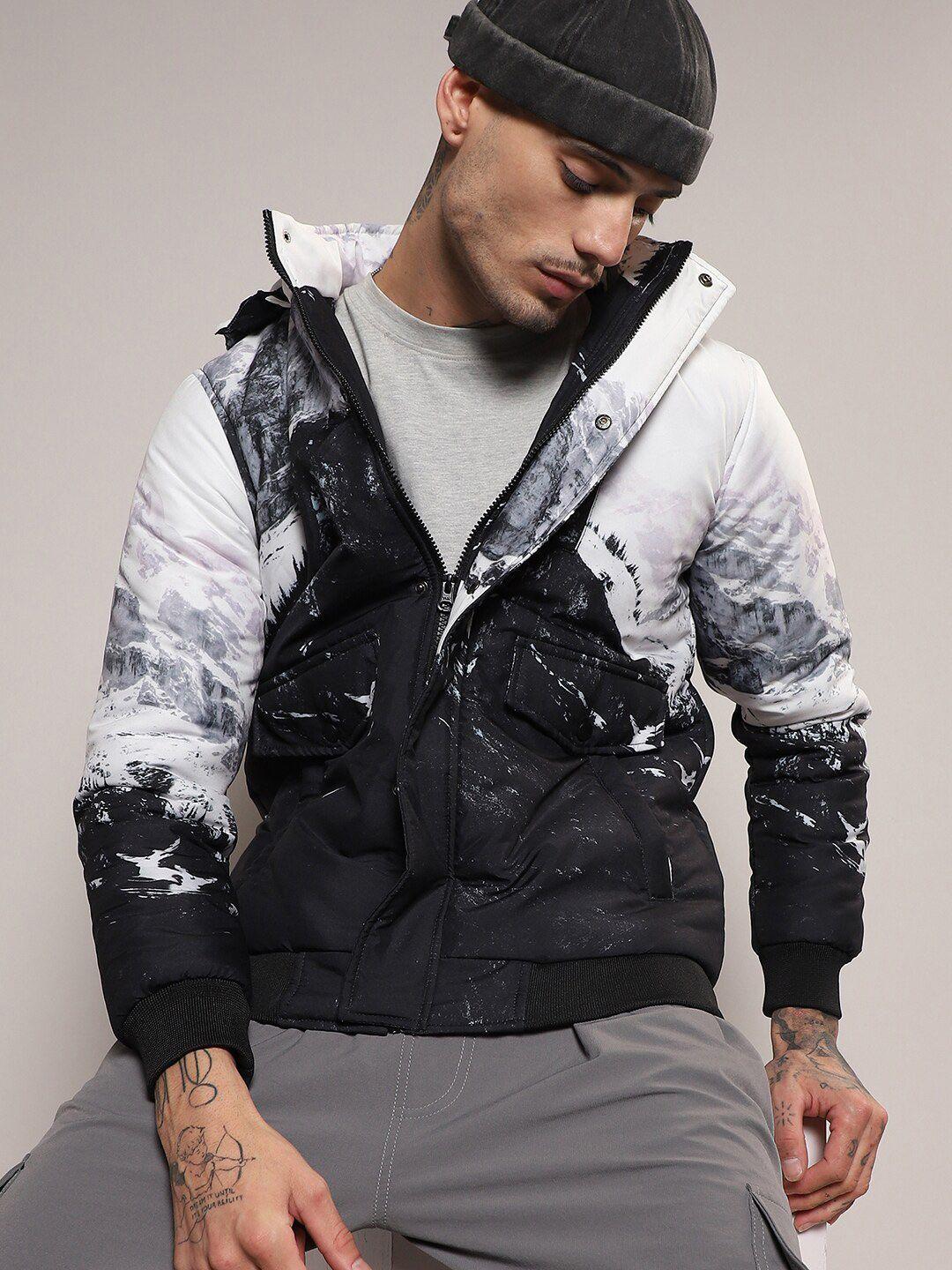 campus-sutra-black-&-grey-abstract-printed-windcheater-puffer-jacket