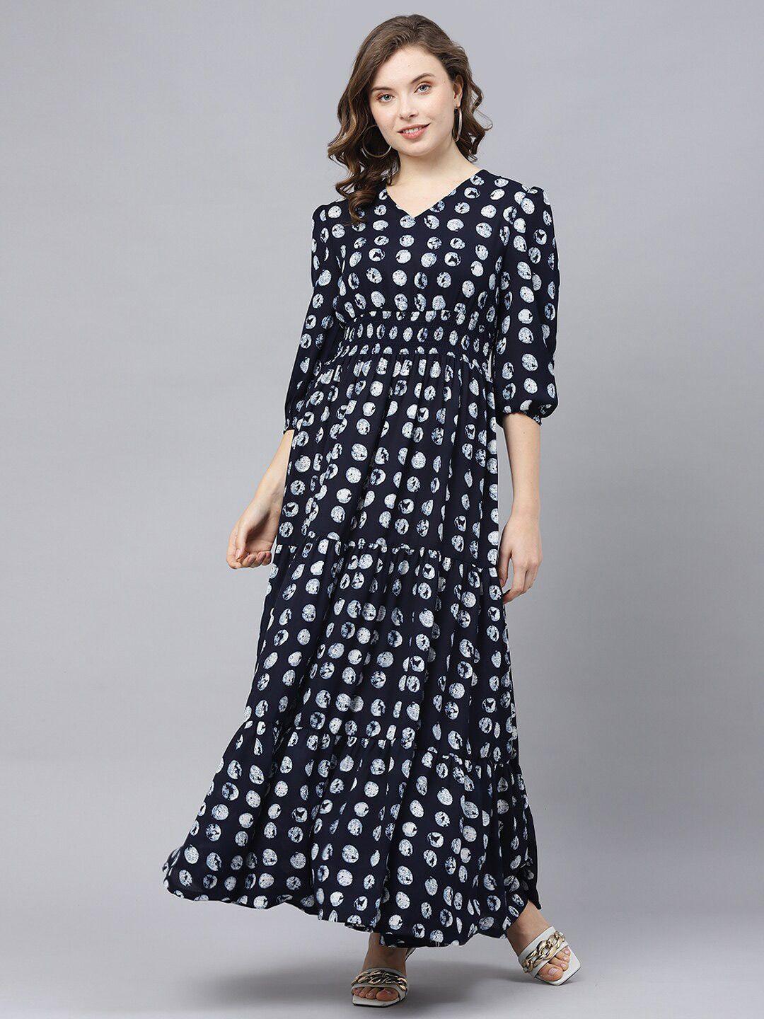 deebaco-polka-dots-printed-smocked-v-neck-tiered-maxi-fit-&-flare-dress