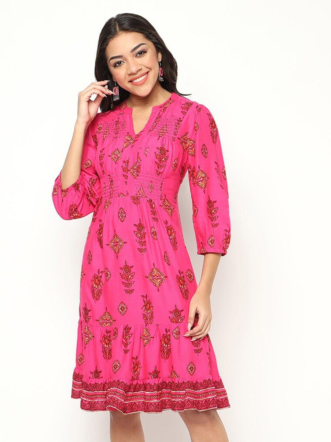house-of-s-floral-printed-mandarin-collar-puff-sleeves-cotton-fit-&-flare-ethnic-dress