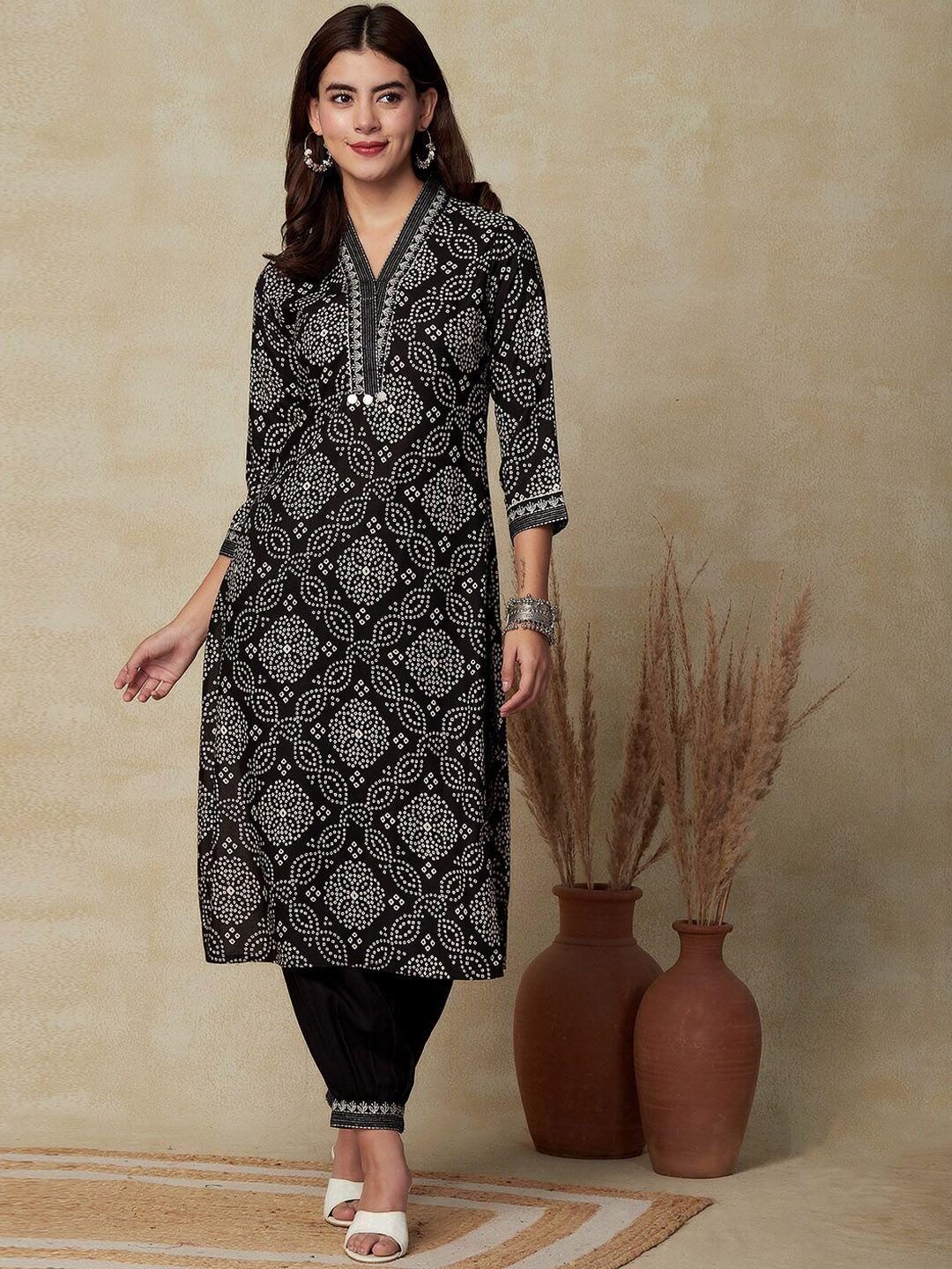 fashor-black-bandhani-printed-thread-work-detailed-straight-kurta-with-trouser