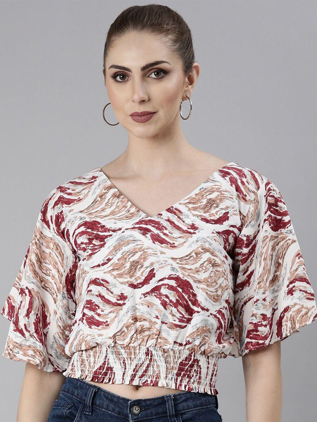 showoff-abstract-printed-flared-sleeve-smocked-crepe-acrylic-blouson-crop-top