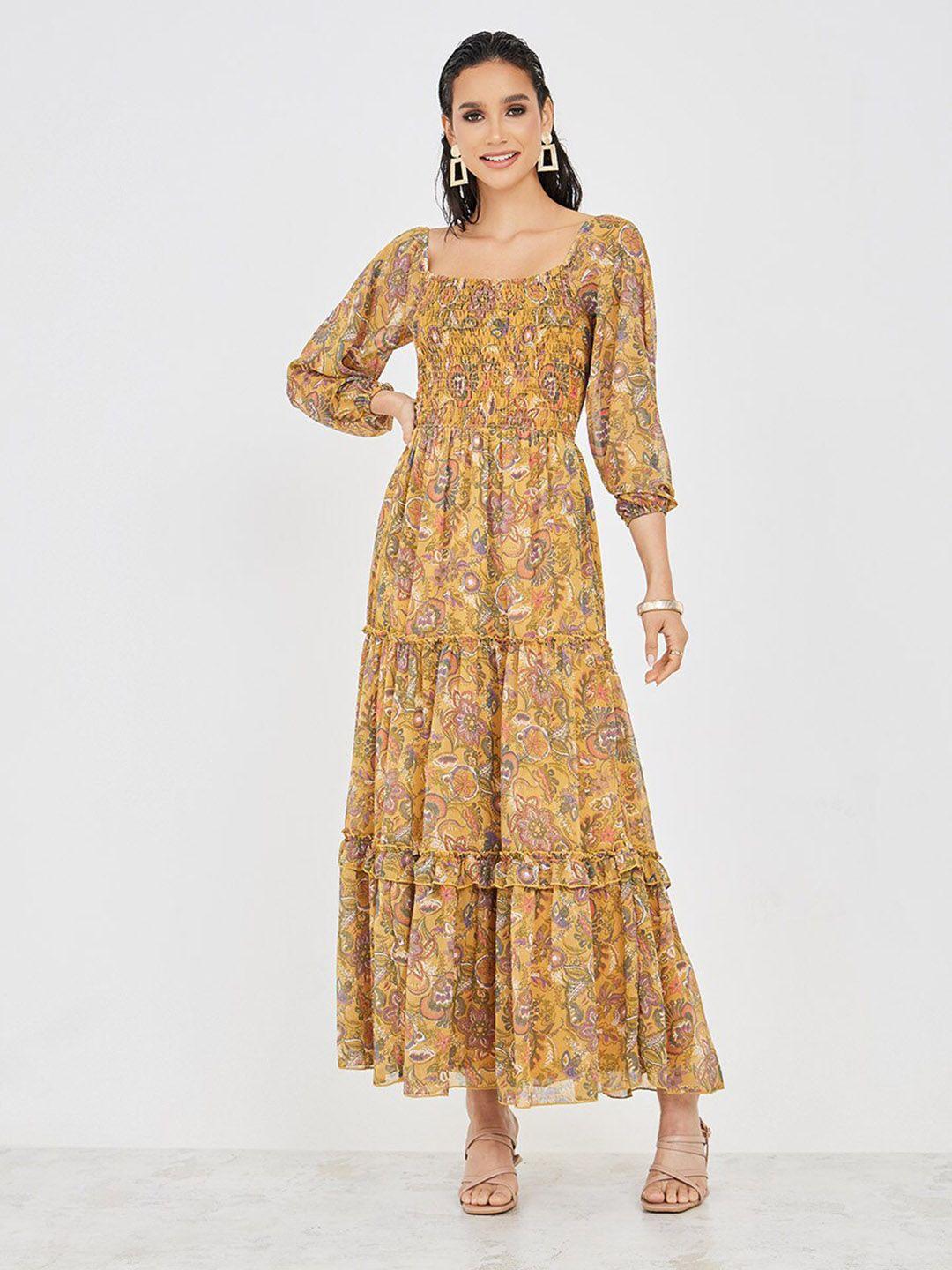 styli-yellow-printed-square-neck-puff-sleeve-smocked-detail-tiered-maxi-fit-&-flare-dress