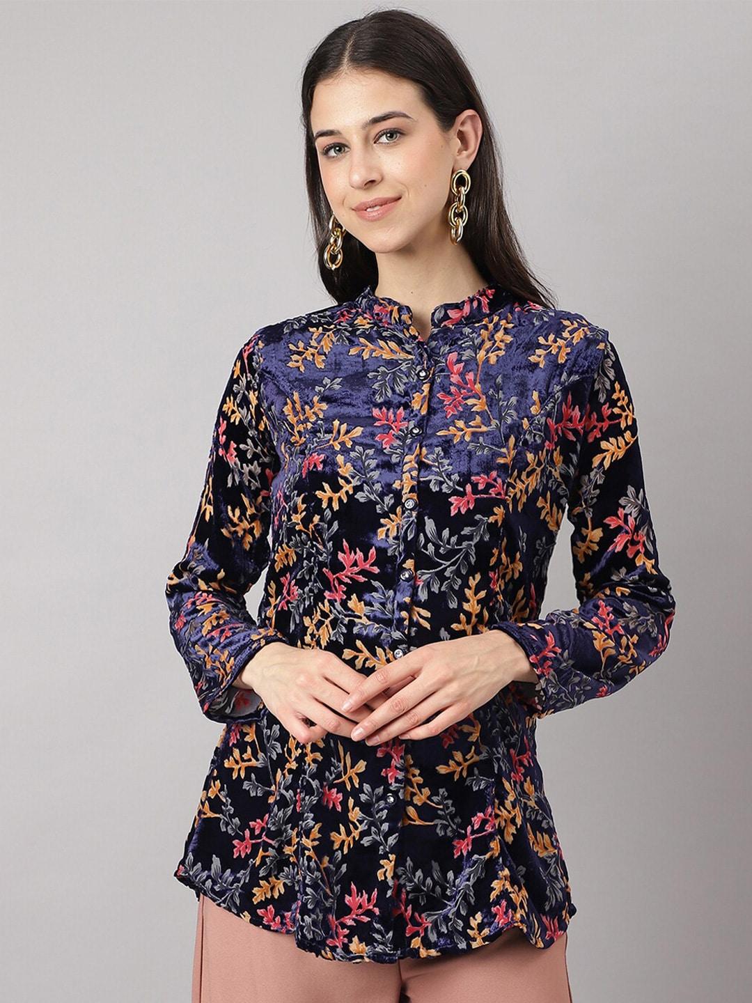 kalini-floral-printed-mandarin-collar-long-sleeves-velvet-shirt-style-top