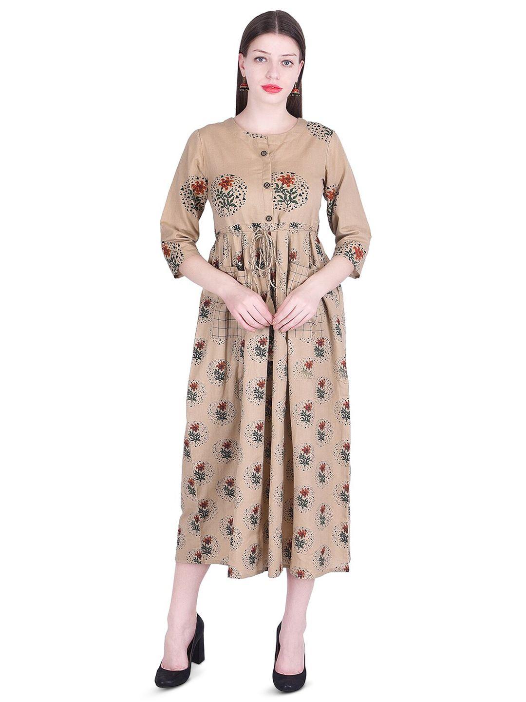vastralay-ethnic-motifs-printed-pleated-detailed-cotton-fit-&-flare-midi-ethnic-dress