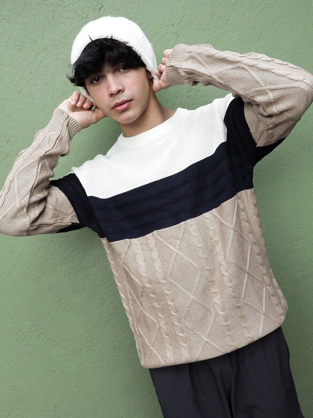 campus-sutra-white-&-navy-blue-cable-knit-self-design-round-neck-cotton-pullover